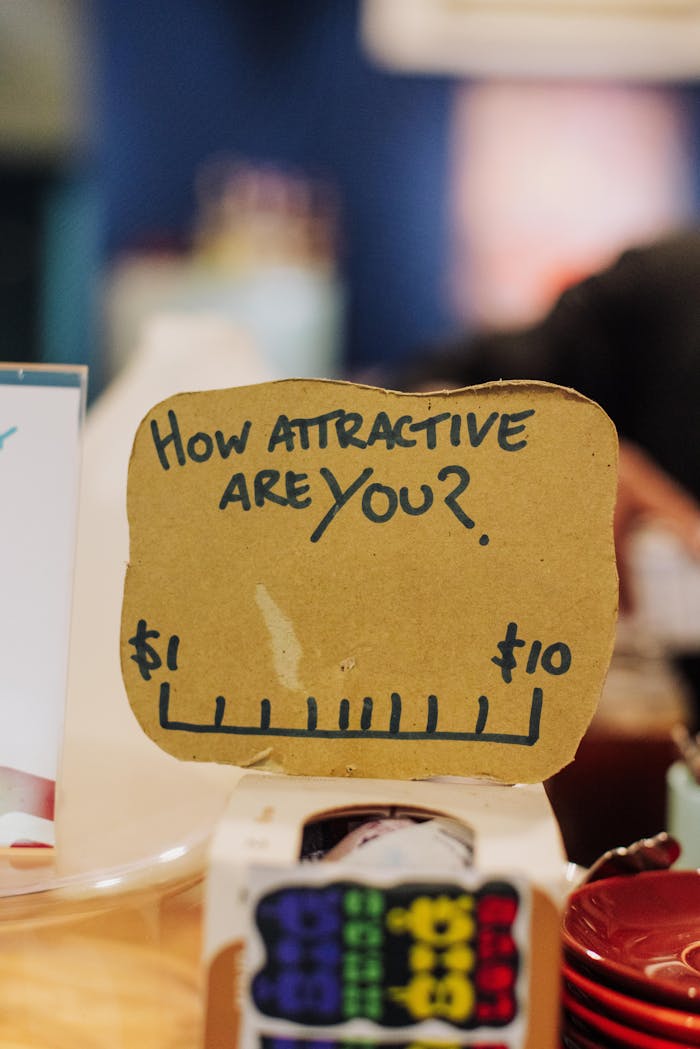Close-up of a humorous tip jar with an attractiveness rating scale from $1 to $10.